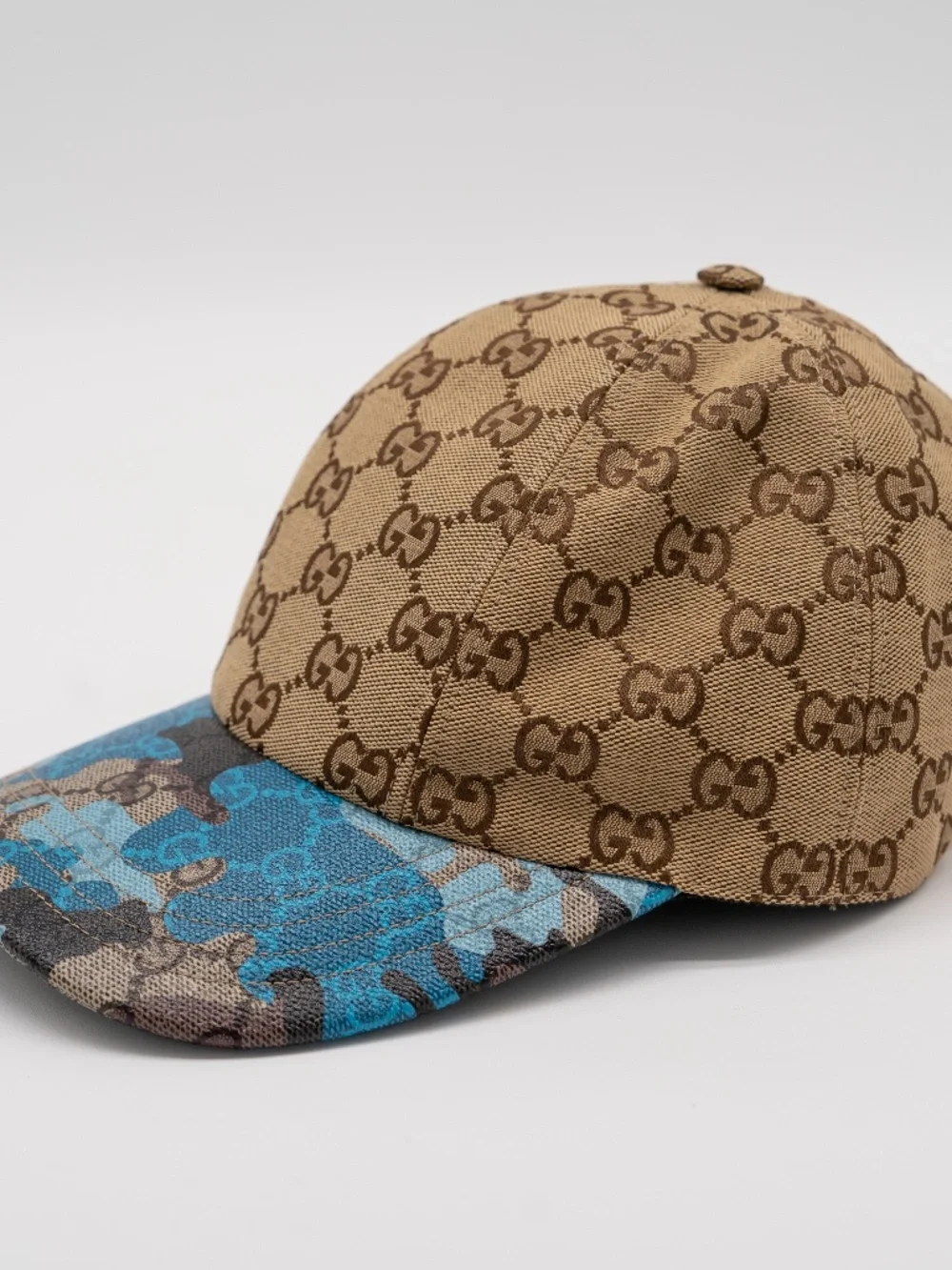 Gucci Men's Beige Baseball Cap Blue Camo GG Monogram Canvas Hat Size M 58cm
